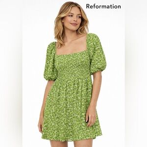 Reformation Green Floral Smocked Midi Dress